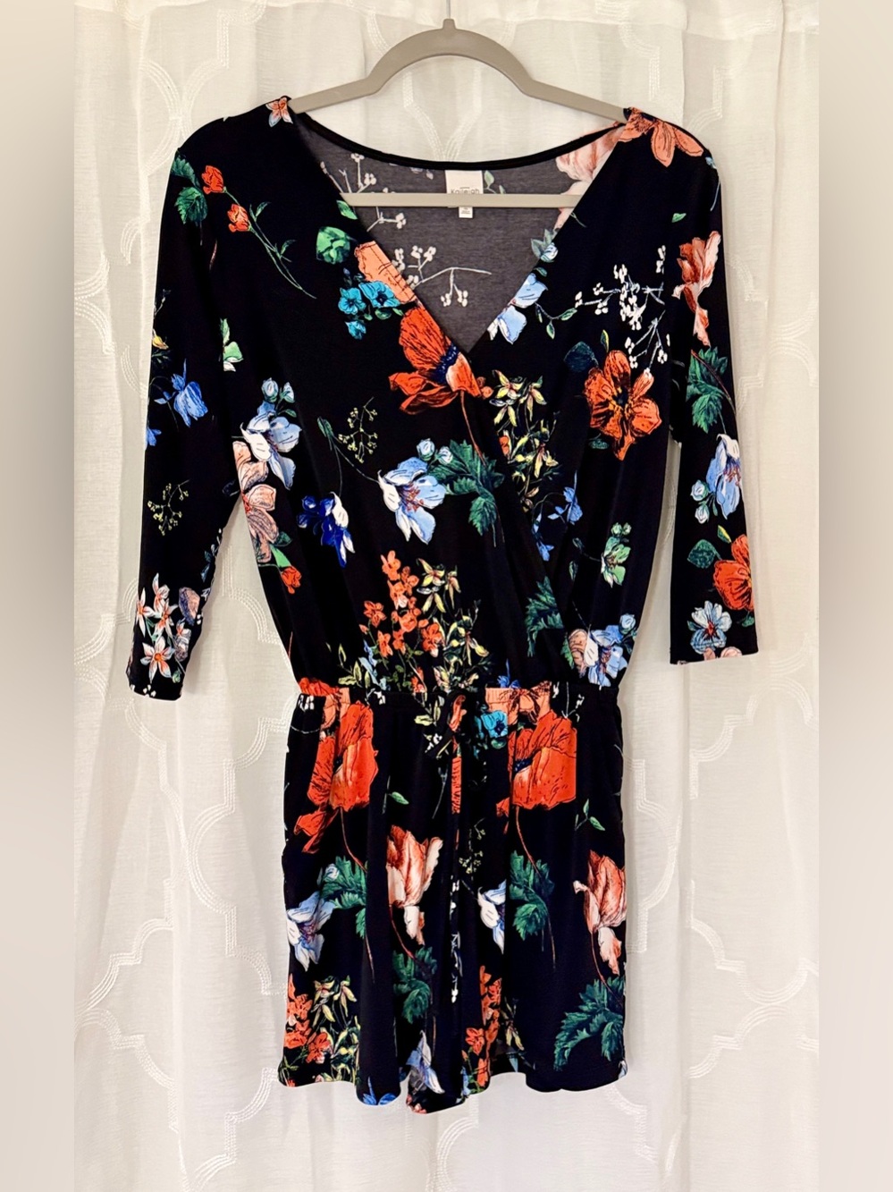 Kaileigh XS Black Multicolor Floral Wrap Front Romper